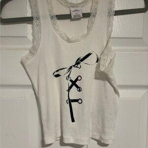 Urban Outfitters White Tank with Black Graphic and Lace